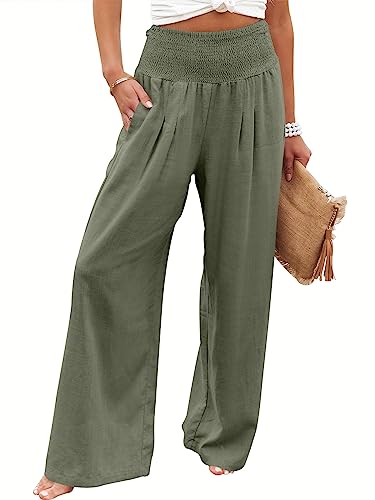 ANRABESS Women Linen Palazzo Pants Summer Boho Wide Leg High Waist Casual Lounge Pant 2024 Beach Travel Vacation Outfits Olive Large