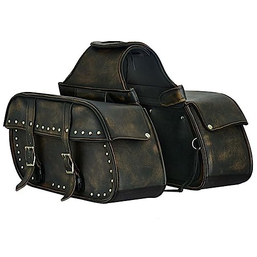 Dream Apparel Naked Cowhide Leather Motorcycle Saddle Bags Studded Throw Over Saddlebags, Motorcycle Side Bags for Honda Shadow Sportster Softail Dyna V-star (Distressed Brown)