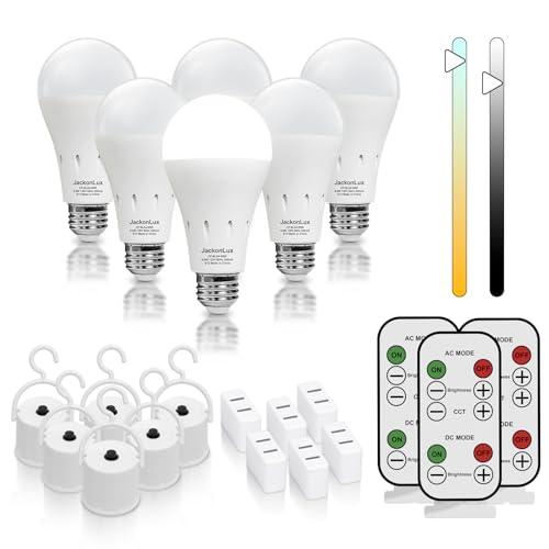 JackonLux Battery Powered Lamps Without Electricity E26 Emergency Rechargeable Battery Operated Light Bulb with Remote for Home Indoor Power Outages,Self-Charging,10 Color Temperature,10 Dimmable,6Pk