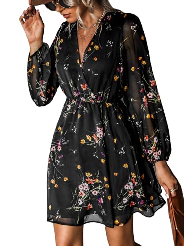 CUPSHE Fall Dresses for Women V Neck Chiffon A Line Floral Mini Dress Long Peasant Sleeves Casual Dress Black Ditsy, XL