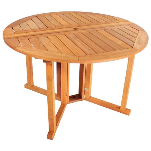 Sunnydaze Malaysian Hardwood Folding Gateleg Patio Dining Table with Teak Oil Finish - 4-Person Space-Saving Round Outdoor Table - 47.25” D x 29" H