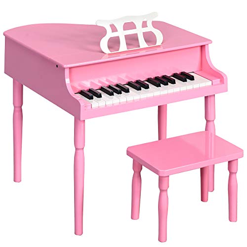 Costzon Classical Kids Piano, 30 Keys Wood Toy Grand Piano with Music Stand and Bench, Mini Musical Toy for Child, Ideal for Children's Room, Toy Room, Best Gifts (Straight Leg, Pink)