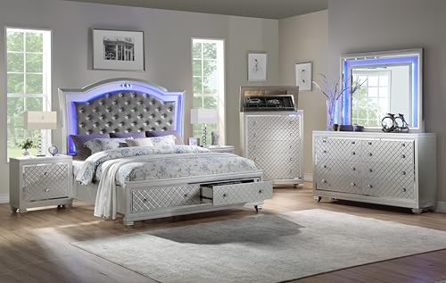 First of a Kind Shiney Silver Queen 4 Piece Bedroom Set