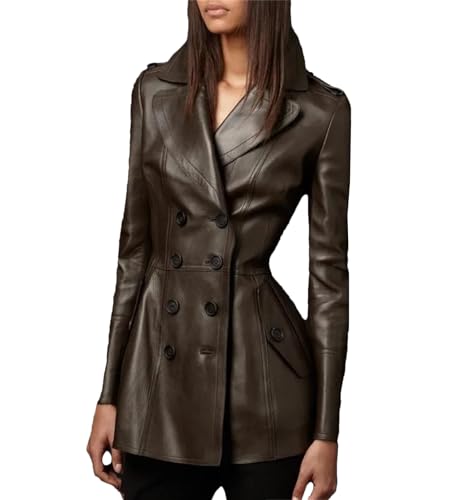 Women’s Midi Fitted PU Leather Blazer Jacket Long Sleeve Double Breasted Fashion Outerwear Coat