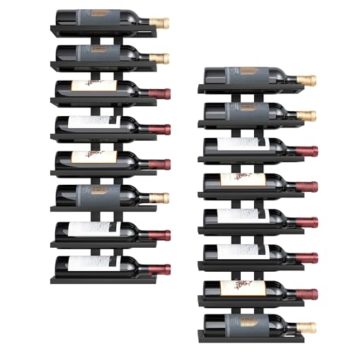 Hoctieon 2-Set 8 Tier Wall Mount Wine Rack (16 Tiers), Wall Racks for Wine Bottles Display and Storage, Hanging Bottle Organizer for Living Room, Dining Room, Wine Cellar, Bar, Black