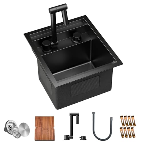TORVA RV Kitchen Sink, 13 x 15 x 9 Inch Undermount Bar Sink Premium Stainless Steel Single Bowl Sink with Faucet,Cutting Board, Dark Grey