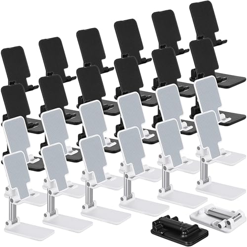 Wonderjune 24 Pcs Cell Phone Stand Desk Table Adjustable Angle Height Phone Stand Foldable Portable Mobile Holder Silicone Pad Smartphone Tablet Holder Bulk for Office Travel Filming Photography