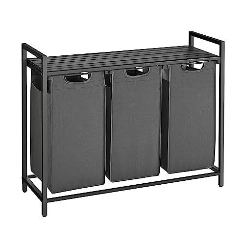 VASAGLE Laundry Hamper, Laundry Basket, Laundry Sorter with 3 Pull-Out and Removable Bags, Shelf, Metal Frame, 3 x 10.6 Gallons (40 L), 36.4 x 13 x 28.4 Inches, Slate Gray and Charcoal Gray UBLH301G01