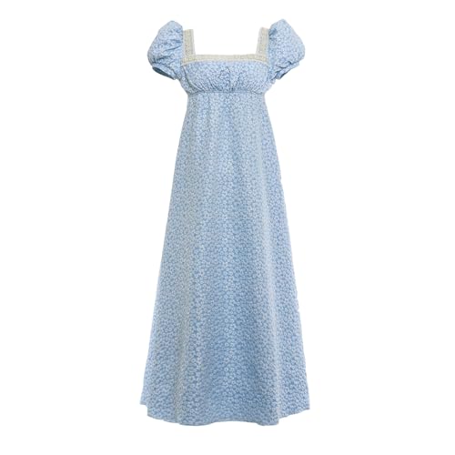 Regency Dress for Women Empire Waist Floral Regency Era Costume Jane Austen Tea Party Victorian Ball Gown, Blue, Medium