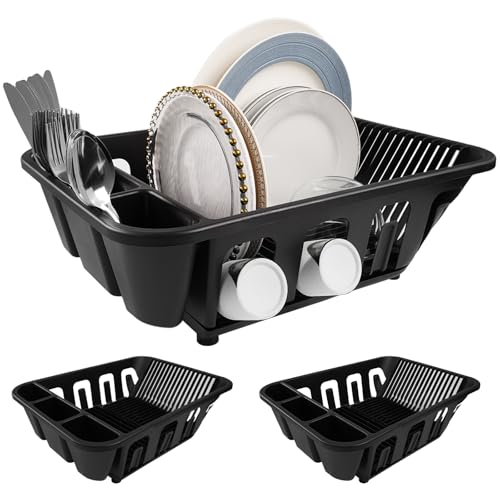 KOOMADE 2-Pack Large Dish Drying Rack for Kitchen Counter -Dish Drainer Set with Drainboard Heavy Duty Plastic Counter Organizer for Dishes, Cups, Knives, Spoons and Forks, Made in USA (Black)