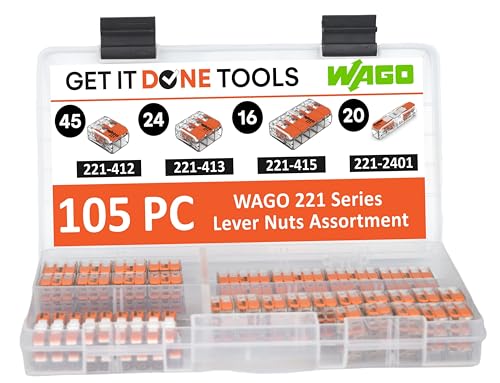 WAGO 221 Lever-Nuts 105pc Wire Connector Assortment with Case. Includes (45x) 221-412, (24x) 221-413, (16x) 221-415, (20x) 221-2401