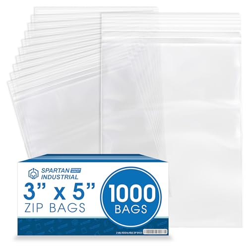 Spartan Industrial - 3” X 5” (1000 Count) 2 Mil Clear Reclosable Zip Plastic Poly Bags with Resealable Lock Seal Zipper