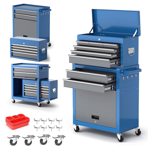 AIRAJ PRO 8-Drawer Rolling Tool Chest Cabinet with Wheels, Large Tool Storage Cabinet with 10 Hooks & 8 Tool Box Organizer & 2 Keys,Detachable High Capacity Tool Chest for Workshop Mechanics Garage
