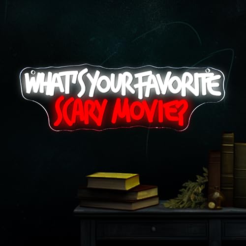 Symone What'S Your Favorite Scary Movie Neon Sign, Gothic Neon Light USB Powered Dimmable LED Halloween Neon Signs for Wall Decor, for Movie Room Party Terrifying Interior Decor(15.7 * 5.1 In)