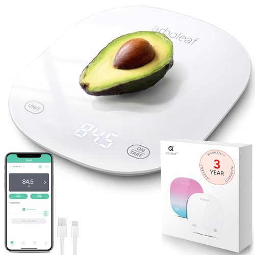 Arboleaf Smart Food Kitchen Scale, 22lb Digital Food Scale with Nutritional Calculator, USB Rechargeable, Smart Weighing with App for Macro, Keto, Calorie, Cooking, Grams and Ounces, 0.1oz/0.5g, White