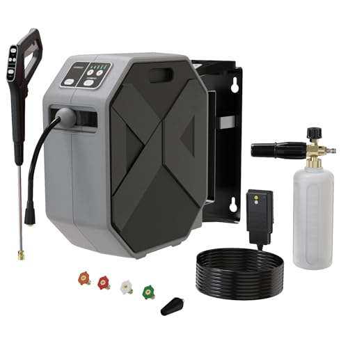 WISSIPRO Electric Wall Mounted Power Washer - 5000 PSI 3.2 GPM Adjustable Pressure Washer, Power Washer with 100FT Retractable Hose and 1L Foam Canno Remot Control for Cars, Driveways, Patios