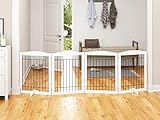 PAWLAND Extra Wide Dog gate for The House, Doorway, Stairs, Dog Fences Indoor, Freestanding Foldable Wooden Pet Gates for Dogs, Set of Support Feet Included, 96 in Wide 30 in Tall, 4 Panels White