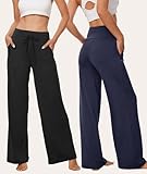 TNNZEET 3 Pack Women's Wide Leg Pants with Pockets - Casual Loose Yoga Trouser Pants Sweatpants Palazzo Lounge Pajama Pants