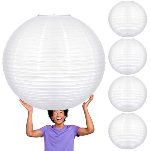 Glooglitter 5 Pcs 30 Inch White Paper Lanterns White Chinese Moon Paper Round Lamp Japanese Hanging Lantern for Wedding Bridal Shower Decoration Anniversary Birthday Party Supplies