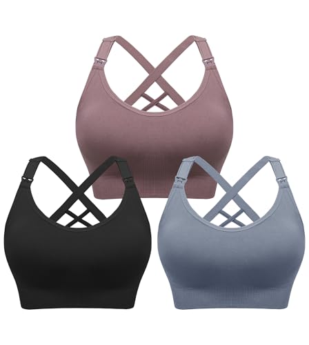 Angelhood 3 Pack Nursing Bras for Breastfeeding, Seamless Nursing Sports Bra Low-Impact Support Yoga Maternity Bras for Pregnancy, Large