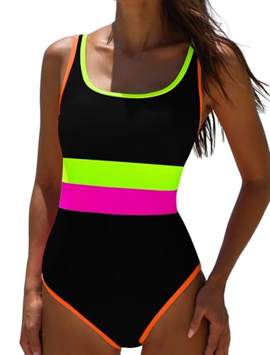 popvil Women's One Piece Swimsuits 2025 Tummy Control -Modest Neon 1 Piece Bathing Suit Beach Outfit Sexy Sport Swim Suits,Black Yellow,Medium
