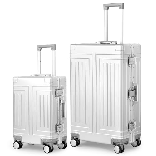 KANGSHILU All Aluminum Carry On Luggage，Cut from Whole Aluminum Sheet，22x14x9 Airline Approved ，（3rd Generation，Premium Metal zipperless suitcase ） (silvery, 20+28inch)