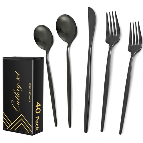 IFERRENS 40-Piece Black Silverware Set for 8, Titanium Black Plated 18/0 Stainless Steel Flatware Set, Lightweight Cutlery Set for Home and Restaurant, Daily Utensil, Mirror Polished, Serving for 8