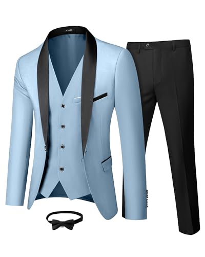 YND Men's 3 Piece Slim Fit Tuxedo Suit Set, One Button Shawl Collar Solid Business Blazer Jacket Vest Pants with Bow Tie, Sky Blue