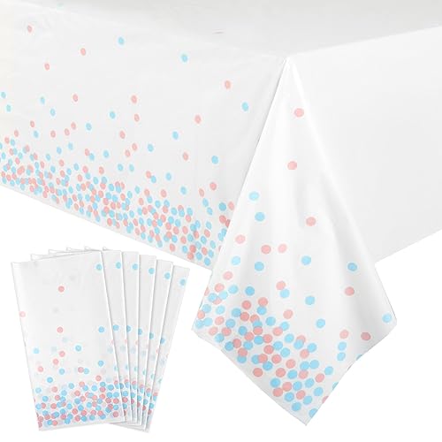 6 Pack Pink and Blue Confetti Plastic Table Covers for Gender Reveal, 54x108 inch Rectangle Party Tablecloth for Gender Reveals Themed Events and Special Celebrations with Friends and Family