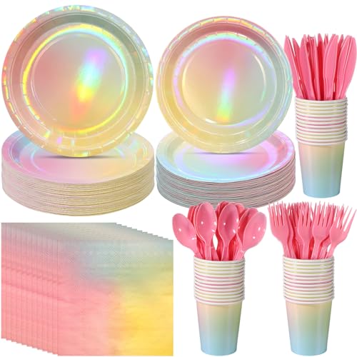 Iridescent Pastel Rainbow Party Decorations Serve 25, Holographic Pastel Paper Plates and Napkins, Disposable Iridescent Rainbow Party Plates Cups Napkins for Girls Birthday Wedding Baby Shower Party