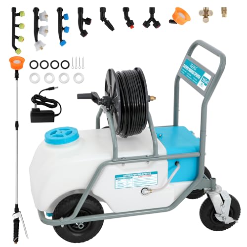 16 Gallon Battery Powered Sprayer,90 PSI Electric Pump,6 Hours Long Battery Life,12V 8Ah Battery,Adjustable HD Wand and 10 Nozzles,Portable Sprayer with Wheels for Lawn & Garden Spraying, Cleaning