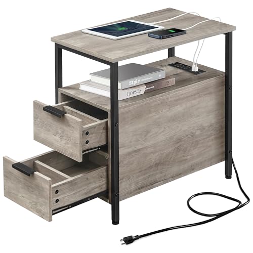 VASAGLE Side Table with Charging Station, Narrow End Table with 2 Drawers, Slim Nightstand and Bedside Table with Storage, for Small Spaces, Greige + Black