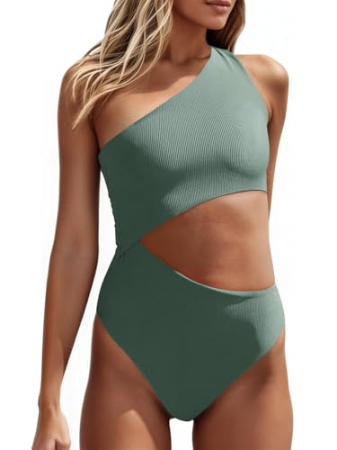 Women's One Piece Ribbed Swimsuit One Shoulder Cutout Swimwear Sexy Bathing Suit, Green, Medium