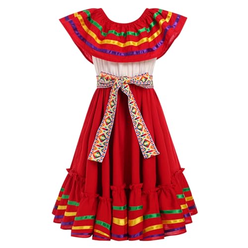Mexican Dress for Girls Traditional Mexico Dance Vestidos Rainbow Color Cinco de Mayo Dress Toddler Off Shoulder Folklorico Dresses Flower Girl Birthday Hispanic Feista Red 7-8 Years