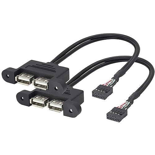 HCFeng 2 Ports USB 2.0 to Dupont 9Pin Multiplier Splitter Adapter Cable USB 2.0A Dual Ports Female Screw Panel Mount to Motherboard 9pin Female Header Cable Black [30CM/1FT/2Pack]