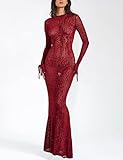 Women's Sexy Long Sleeve Leopard Print Bodycon Dress Round Neck Mesh Printed See Through Party Midi Dresses(Red-S)