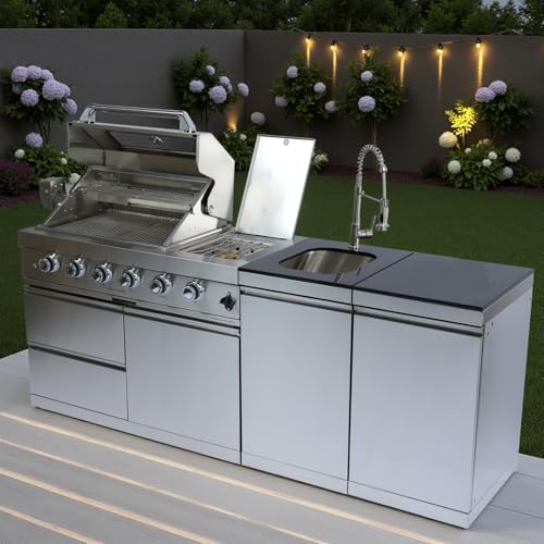 Alimtois BBQ Island Outdoor Kitchen: 84-Inch 4-Burner 72000 BTU Modular Outdoor Kitchen with Grill + Sink + Storage Cabinet & Rotisserie Kit - BBQ Grill Islands Built-in Combo