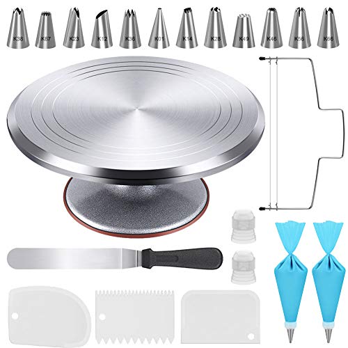 Kootek 22pcs Cake Decorating Supplies Kit, Baking Tools with 12" Aluminium Cake Turntable Rotating Cake Stand, Piping Bags and Tips Set, Icing Spatula, Cake Leveler, 3 Icing Scrapers for Mother's Day