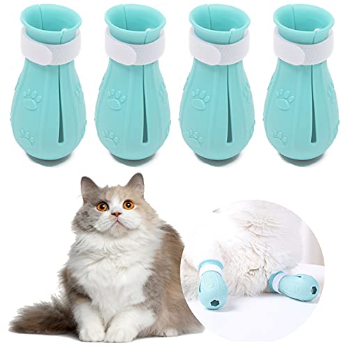 4Pcs Cat Boots for Cats Only Paw Covers Protectors Claws Shoes Paws Wound Boot Silicon Anti Scratch Cat Mittens for Bathing, Nail Clipping, Ears Cleaning, Treatment (Light Blue)