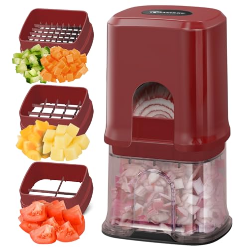 KEOUKE Vegetable Chopper 3 Interchangeable Blades Onion Chopper Multi-functional Potato French Fry Cutter Manual Vegetable Cutter Dicer for Cucumber, Tomato, Carrot with Container & Storage Box, Red