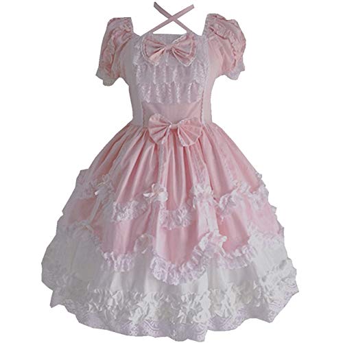 Re-Lady Women Sweet Lolita Dress Princess Halloween Cosplay Costumes Lace Layers Maid Dresses XS A-Pink