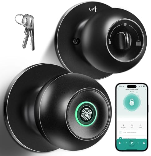 Fingerprint Door Lock, Smart Fingerprint Door Knob with Lock, Biometric Door Lock with App Control & Key, Keyless Thumbprint Entry Door Lock for Bedroom, Front Door, Home, Apartment Office and Garages