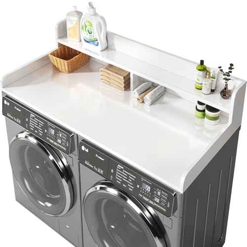 BigPonPon 2-Tier Washer and Dryer Countertop with 2.75" H Guard,54" W x 27.5" D Laundry Countertop Cover with Non-Slip Pad,Large Space Laundry Topper for Folding Clothes Over Washer and Dryer-White
