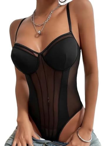 Lilosy Sexy Strappy Wireless Mesh Sheer Babydoll Lingerie Women Teddy Bodysuit Corset Bustier Nightgown Nightshirt See Through One Piece Black Small