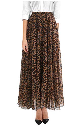 ZAKIA Women's Casual Flowy Chiffon Maxi Leopard Skirt Long Pleated Animal Cheetah Print Skirts (Brown,X-Large)