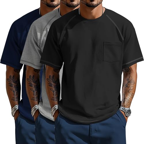 Neer 3 Pack Big and Tall Shirts for Men with Pocket XL-5XL Plus Size Crew Neck Raglan Short Sleeve Summer Casual T Shirts Tee(Black, Light Gray, Navy Blue,4X-Large)