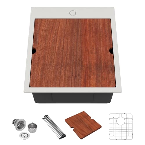 18 Bar Sink Drop In - Lordear 18x20 Inch Topmout Bar Sinks Stainless Steel 16 Gauge Single Bowl Ledge Workstation RV Kitchen Camper Wet Bar Sink With Cutting Board