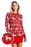 Tipsy Elves Christmas Sweater Dresses for Women - Cute Winter Themed Dresses - Instant Holiday Outfits - Women's Easy Red Reindeer Fair Isle Christmas Sweater Dress Size X-Small