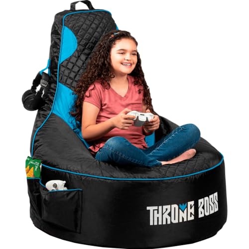 Throne Boss Gaming Bean Bag Chair for Kids [Cover ONLY No Filling] - High Back Beanbag for Boys, Girls, and Gamers with Cup Holder (Black/Blue)