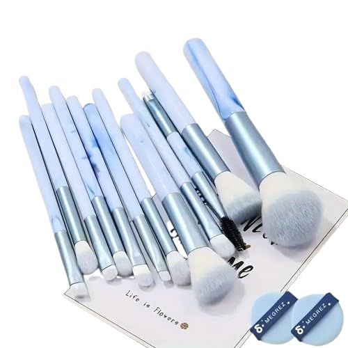 12Pc Blue Makeup Brushes Set, Professional Foundation, Powder, Blending, Blush, Concealer Brushes, Synthetic Fiber Bristles, ABS Plastic Handles, Includes Powder Puff & Cleaner Pad (C-Blue)